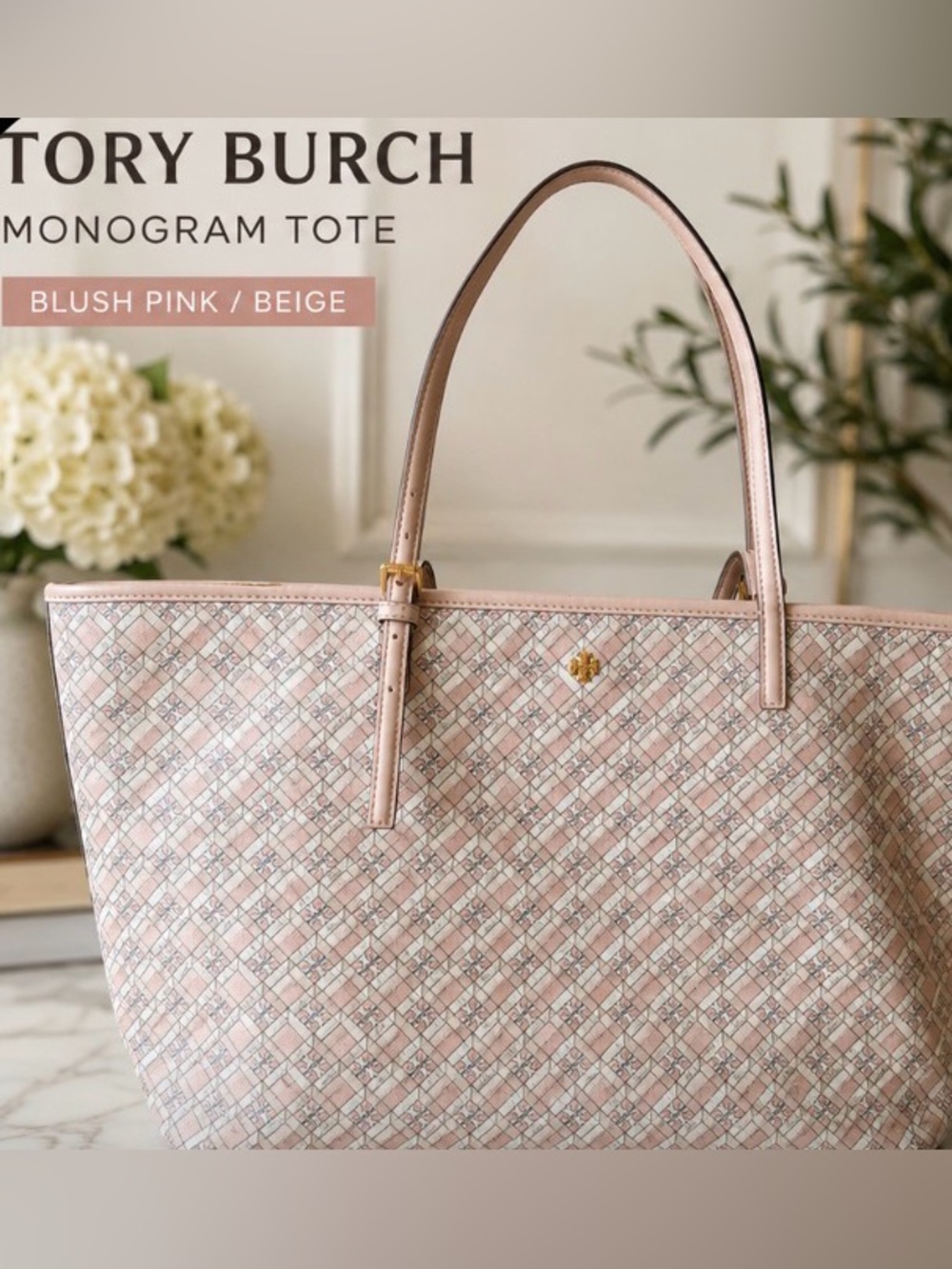 Tory Burch Geo Logo Large Zip Tote in light pink